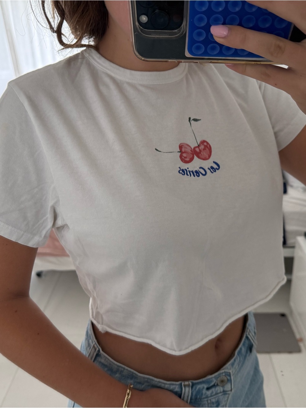 White Crop Tee with Cherry Embroidery